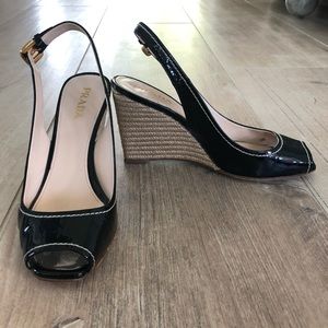 Prada patent leather and rope sling back wedges